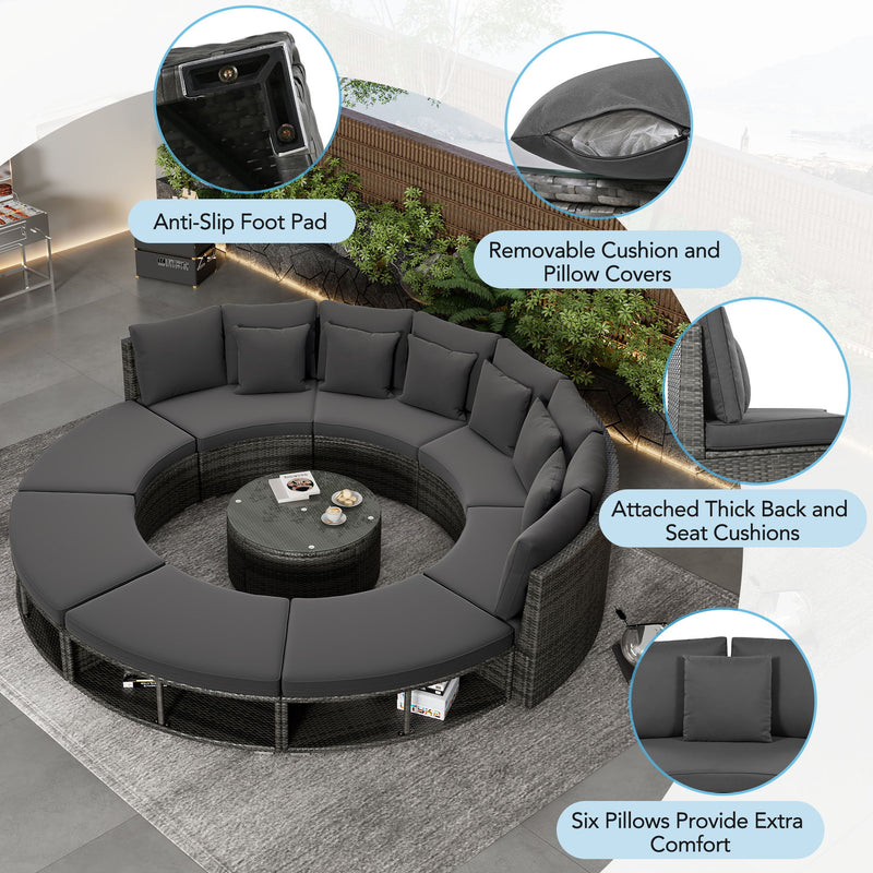 Outdoor Patio Furniture Luxury Circular Sofa Set Rattan Wicker Sectional Sofa Lounge Set With Tempered Glass Coffee Table, 6 Pillows