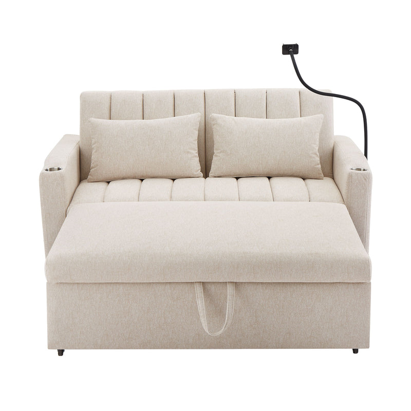 Convertible Sofa Bed Loveseat Sofa With Three USB Ports, Two Side Pockets, Two Cup Holders And 360° swivel Phone Holder For Living Room