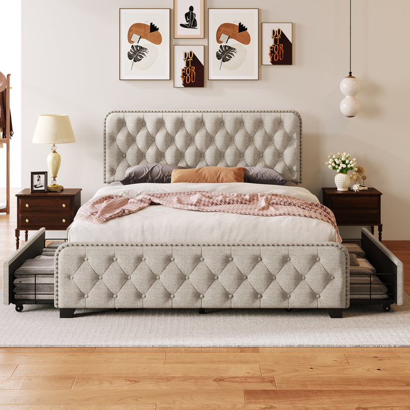 Upholstered Platform Bed Frame with Four Drawers, Button Tufted Headboard and Footboard Sturdy Metal Support, No Box Spring Required, Beige, Queen (Old sku:BS300279AAA)