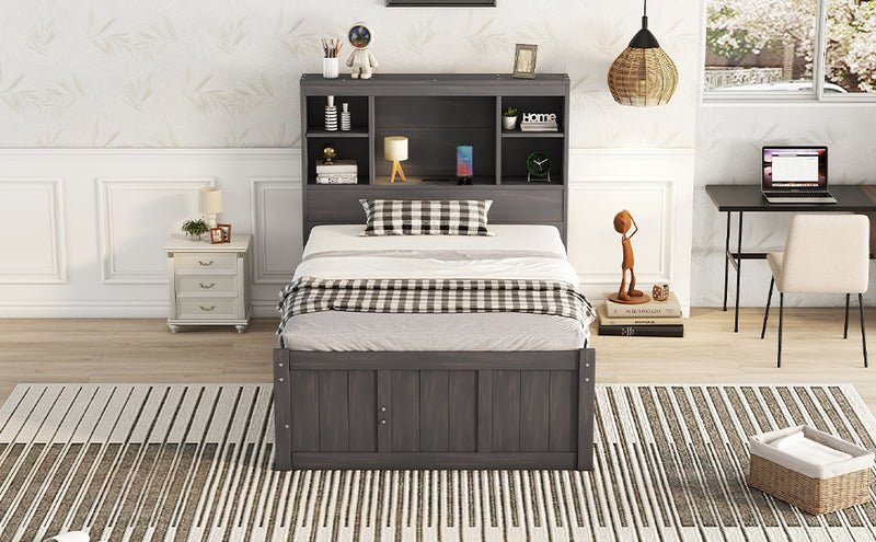 Twin Size Platform Bed with Storage Headboard, Charging Station, Twin Size Trundle and 3 Drawers, Antique Brown