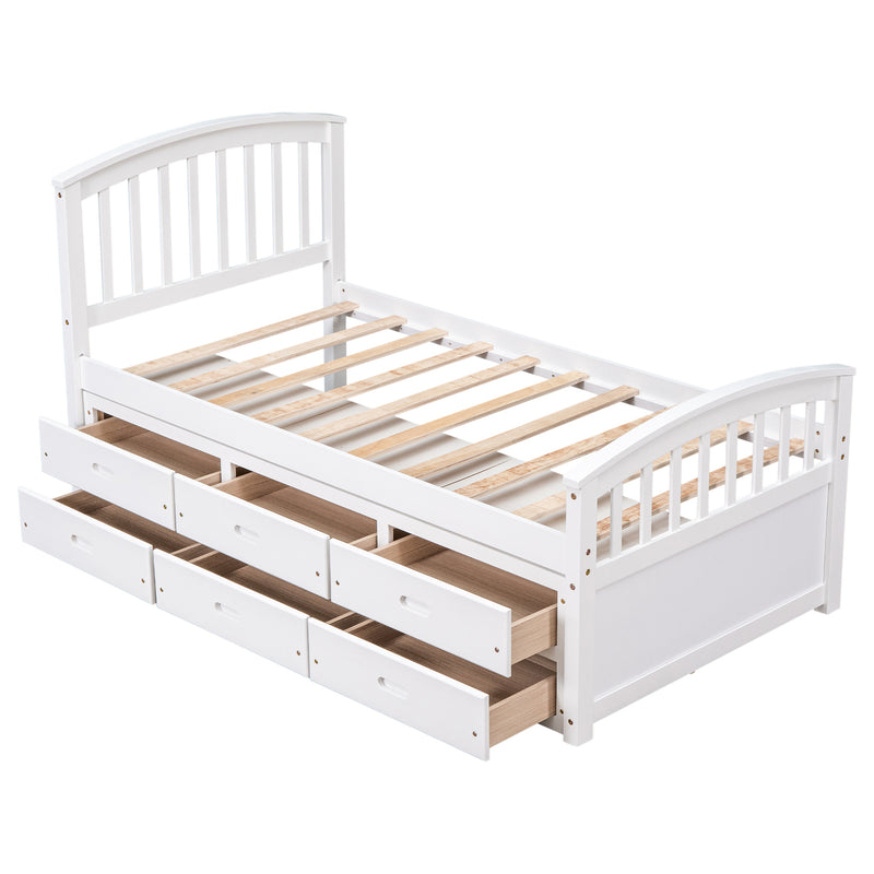 Twin Size Platform Storage Bed Solid Wood Bed with 6 Drawers,White