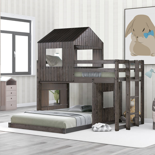 Wooden Twin Over Full Bunk Bed, Loft Bed with Playhouse, Farmhouse, Ladder and Guardrails , Antique Gray( old sku: LT000027AAE )