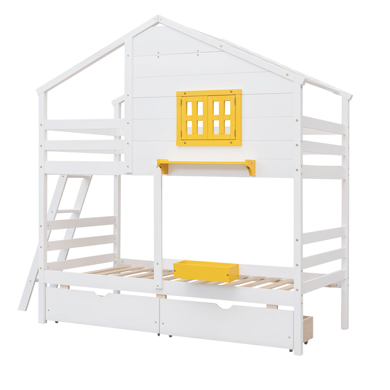 Twin over Twin Bunk Bed with 2 Drawers, 1 Storage Box, 1 Shelf, Window and Roof-White(OLD SKU:LT000608AAK)