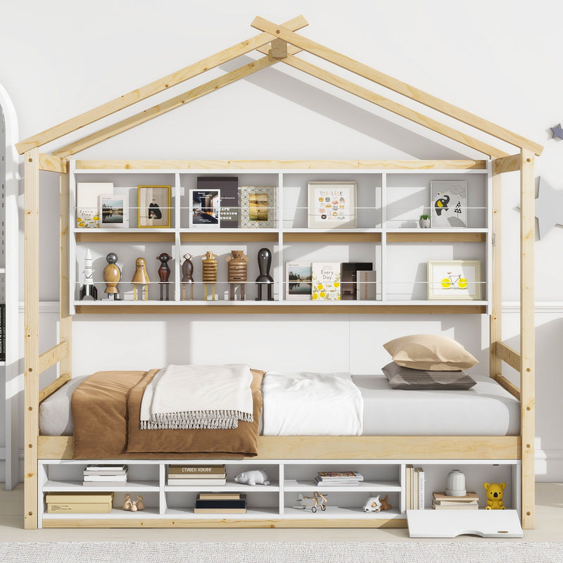 House Bed With Roof Frame, Bedside-Shelves, Under Bed Storage Unit