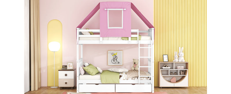 Twin Over Twin Bunk Bed Wood Bed with Tent and Drawers, White+Pink Tent