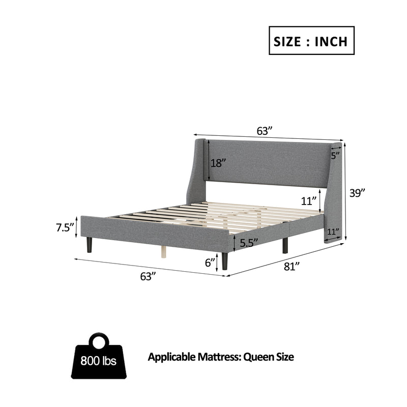 Queen Size Bed Frame Upholstered Bed Frame Platform,Non-adjustable Headboard Linen Fabric Headboard Wooden Slats Support/No Box Spring Needed/Easy Assembly/Mattress Foundation, Light gray