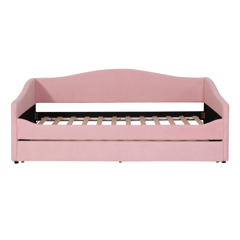 Teddy Fleece Twin Size Upholstered Daybed with Light and Trundle, Pink