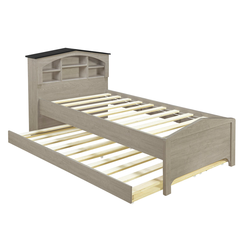 Twin Size Wood Platform Bed with House-shaped Storage Headboard and Trundle, Gray