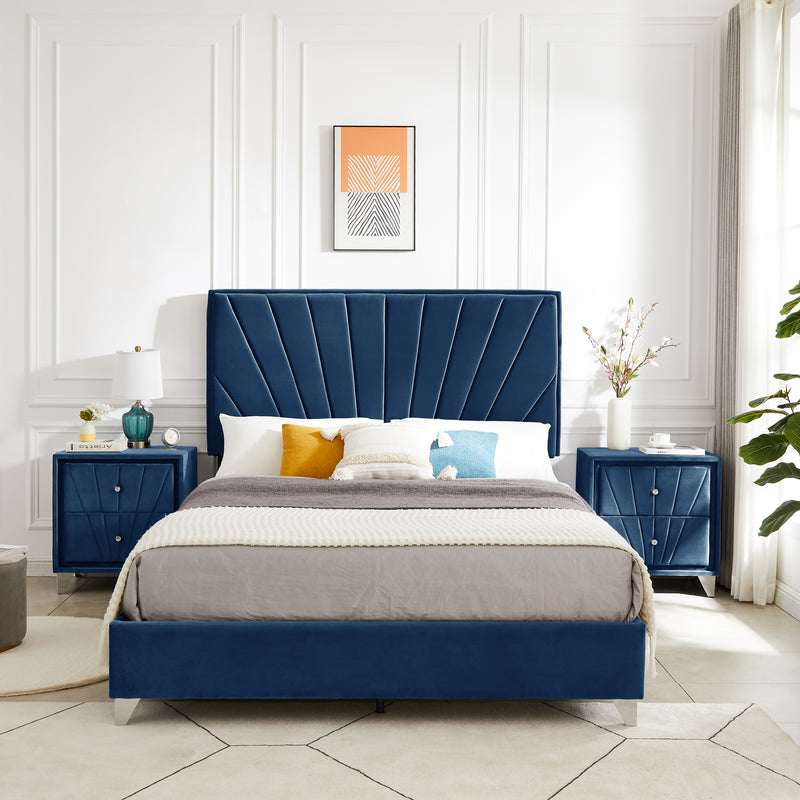 B108 Queen bed with one nightstand, Beautiful line stripe cushion headboard , strong wooden slats + metal legs with Electroplate