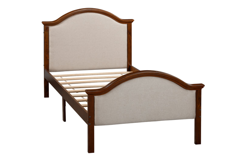 Twin Bed with Upholstered Headboard and Footboard, with Slats,Walnut