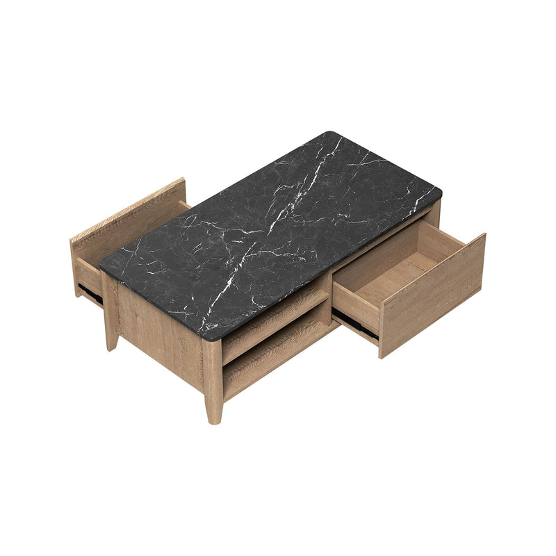 Modern Farmhouse Double Drawer Coffee Table For Living Room Or Office Marble Texture