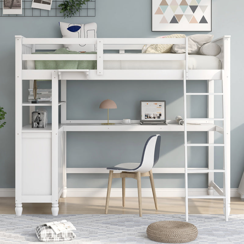 Twin size Loft Bed with Drawers and Desk, Wooden Loft Bed with Shelves - White(OLD SKU: LT001530AAK)