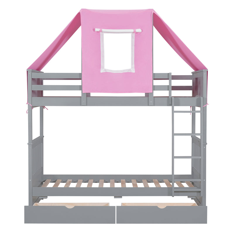 Twin Over Twin Bunk Bed Wood Bed with Tent and Drawers, Gray+Pink Tent