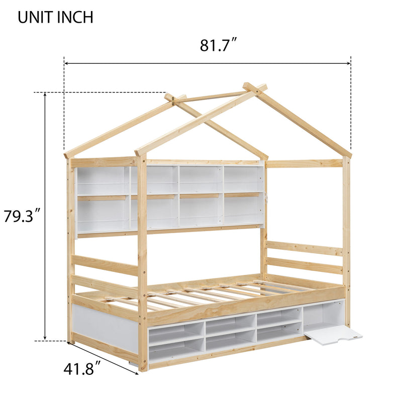 House Bed With Roof Frame, Bedside-Shelves, Under Bed Storage Unit