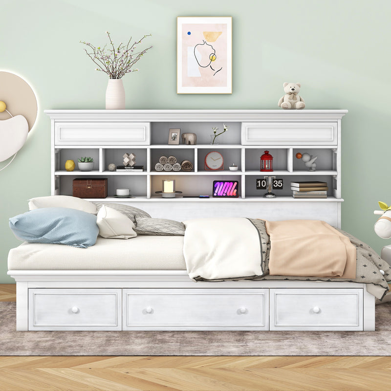 Twin Size Wood Daybed with Multi-Storage Shelves, Charging Station and 3 Drawers, Antique White