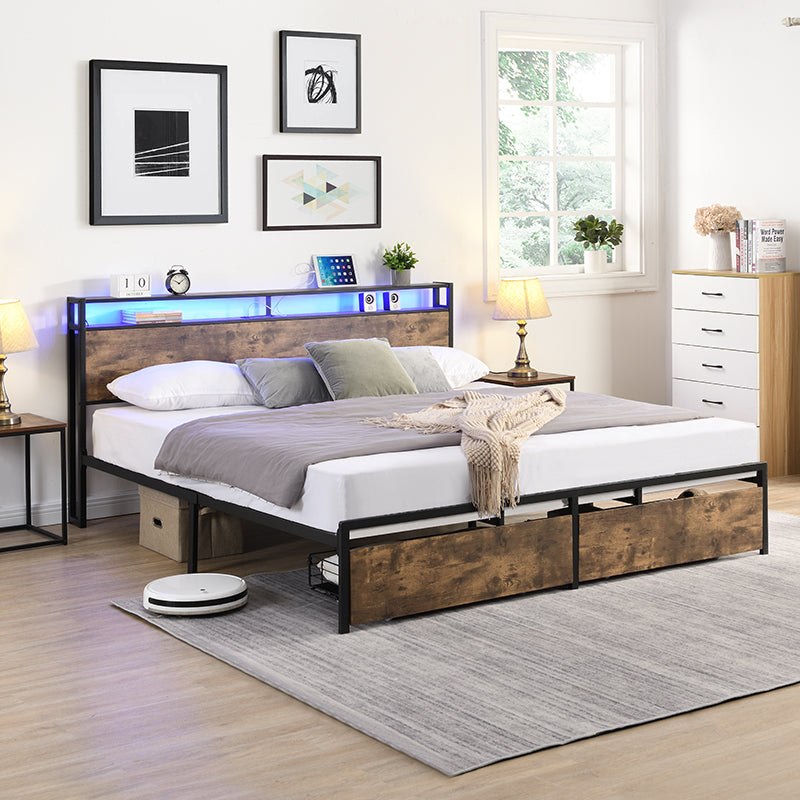 Queen Bed Frame, Storage Headboard with Charging Station, Solid and Stable, Noise Free, No Box Spring Needed, Easy Assembly