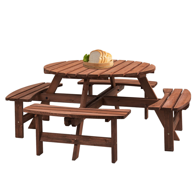 8 Person Wooden Picnic Table, Outdoor Camping Dining Table With Seat, Garden, Diy With 4 Built-In Benches, 2220Lb Capacity