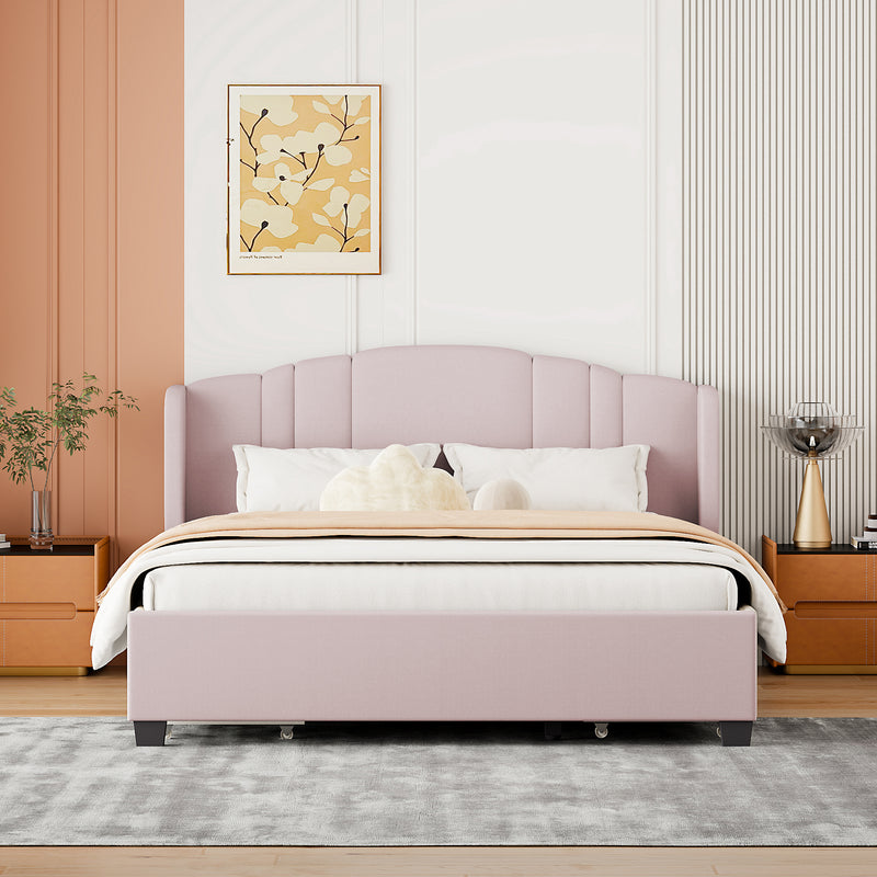 Upholstered Platform Bed with Wingback Headboard and 4 Drawers, No Box Spring Needed, Linen Fabric, Queen Size Pink