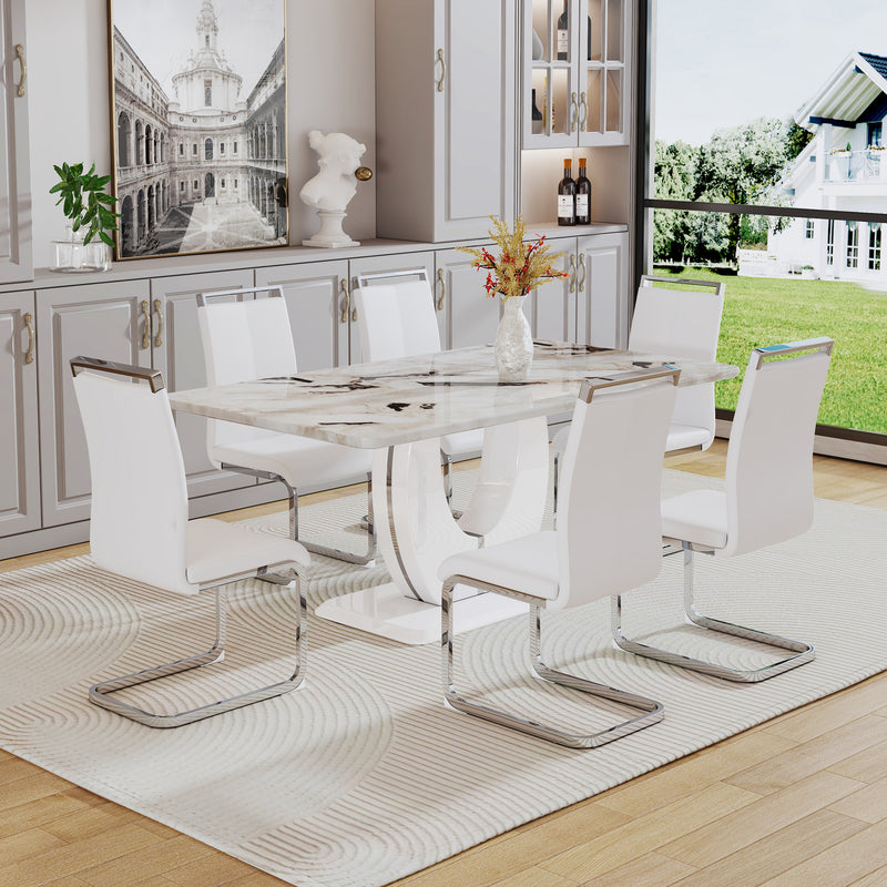 Table and chair set, modern minimalism and luxurious white rectangular pattern dining table.  Soft and comfortable dining chair, for dining room, living room, terrace and kitchen.