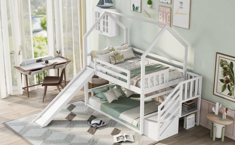 Twin over Twin House Bunk Bed with Convertible Slide,Storage Staircase,White