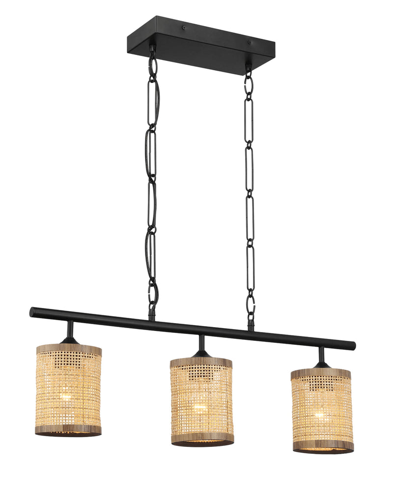 Elysian - 3 Lights Island With Natural Shade Farmhouse Chain Ceiling Lamp - Black / Rattan