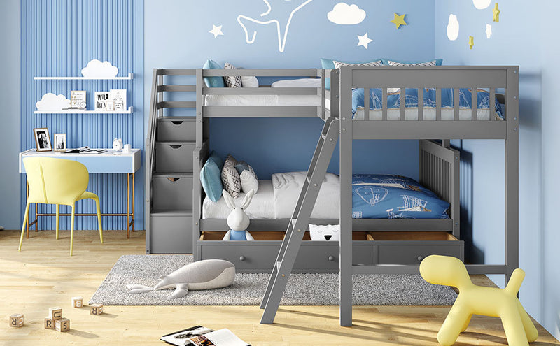 Twin over Full L-Shaped Bunk Bed With 3 Drawers, Ladder and Staircase - Gray