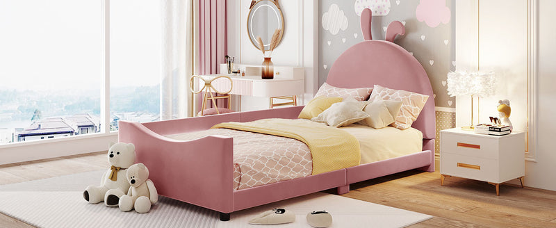 Twin Size Upholstered Daybed with Rabbit Ear Shaped Headboard, Pink