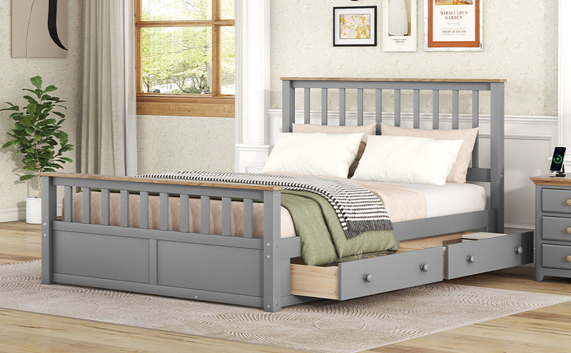 Queen Size Wood Platform Bed with Two Drawers and Wooden Slat Support,Gray+Natrual