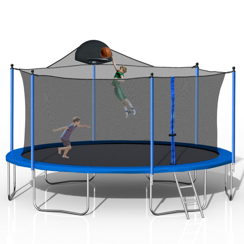 14Ft Trampoline For Adults & Kids With Basketball Hoop, Outdoor Trampolines With Ladder And Safety Enclosure Net For Kids And Adults, Double-Side Color Cover - Blue