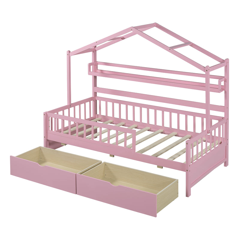 Wooden Twin Size House Bed with 2 Drawers,Kids Bed with Storage Shelf, Pink