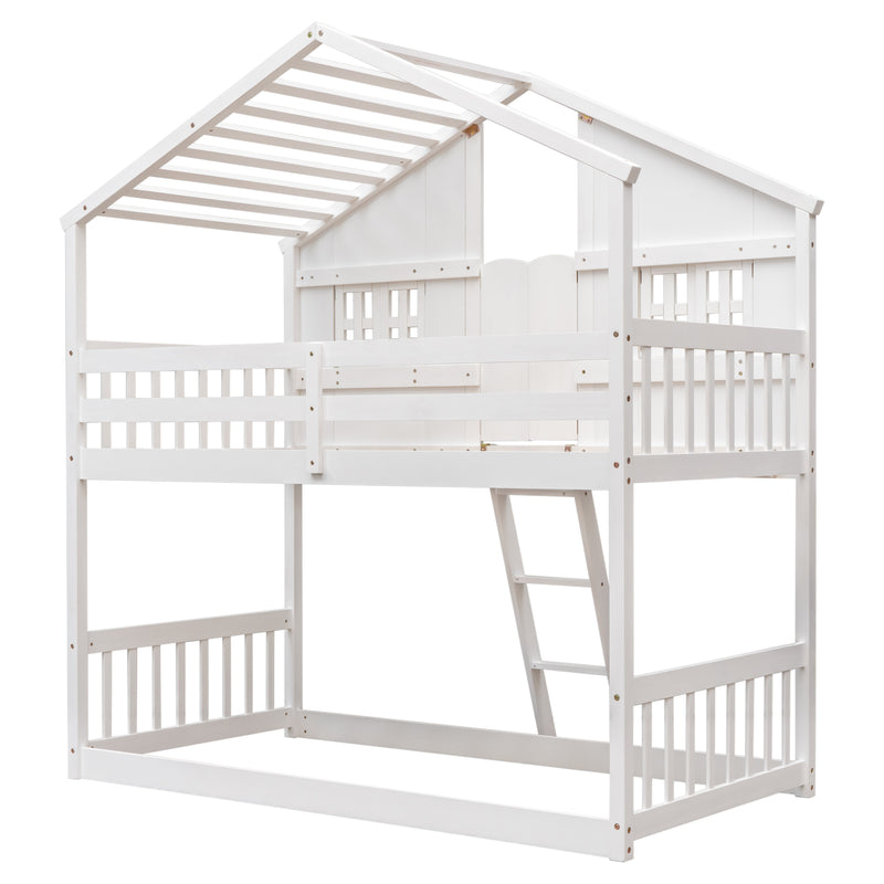 Twin over Twin House Bunk Bed with Roof , Window, Window  Box, Door , with Safety Guardrails and Ladder,White