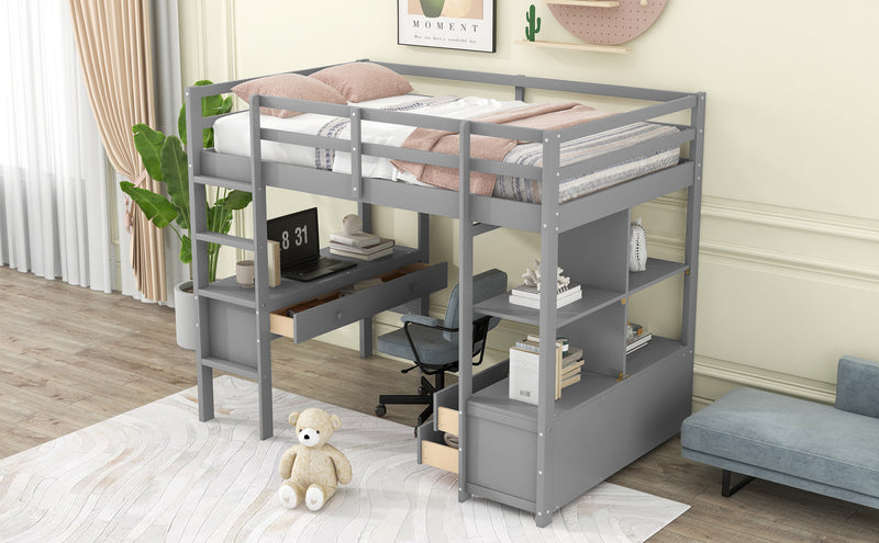 Twin  Size Loft Bed with Built-in Desk with Two Drawers, and Storage Shelves and Drawers,Gray