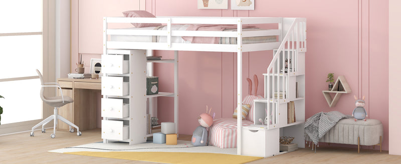 Twin size Loft Bed with Storage Drawers and Stairs, Wooden Loft Bed with Shelves - White