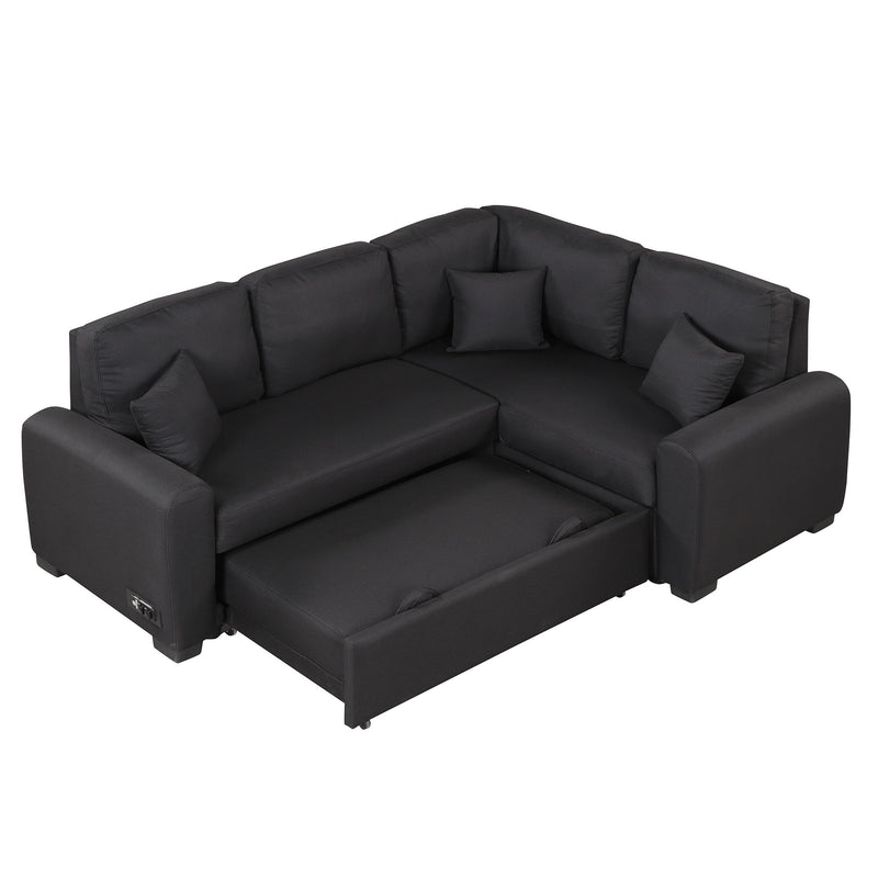 Sectional Sleeper Sofa With USB Charging Port And Plug Outlet, Pull-Out Sofa Bed With 3 Pillows, L-Shape Chaise For Living Room Small Apartment