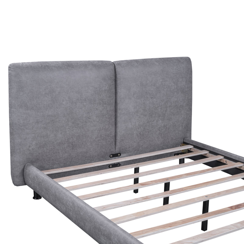 Queen Size Upholstered Platform Bed with Two Large Headrests and Thick Fabric, Polyester, Gray