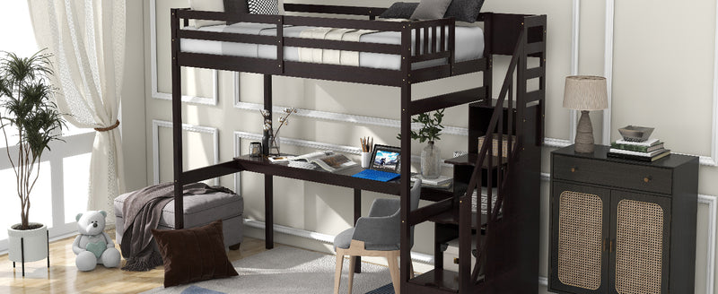 Twin Size Loft Bed with Storage Staircase and Built-in Desk, Espresso (Old SKU:GX000903AAP)