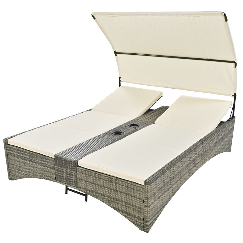 Patio Daybed Outdoor Daybed Sun Lounger With Shelter Roof With Adjustable Backrest, Storage Box And 2 Cup Holders For Patio, Balcony, Poolside