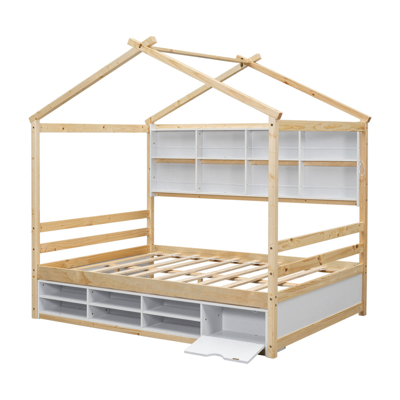 House Bed With Roof Frame, Bedside-Shelves, Under Bed Storage Unit