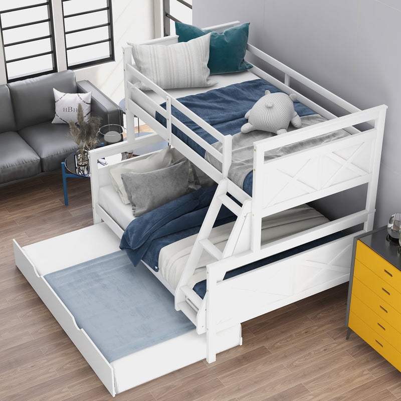 Twin over Full Bunk Bed with Ladder, Twin Size Trundle, Safety Guardrail, White(Old SKU: SM000208AAE-1)