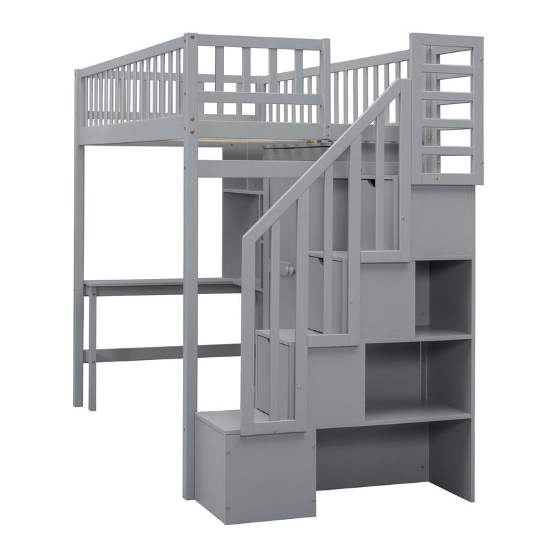 Twin Size Loft Bed With Bookshelf, Drawers, Desk, And Wardrobe - Gray