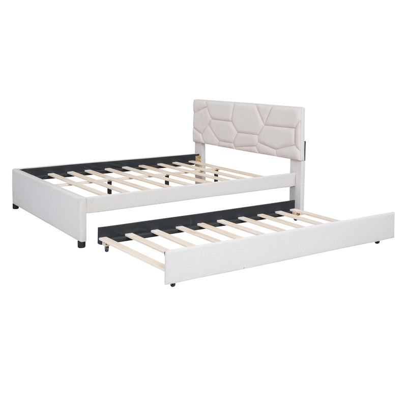 Queen Size Upholstered Platform Bed with Brick Pattern Headboard and Twin XL Size Trundle, Linen Fabric, Beige