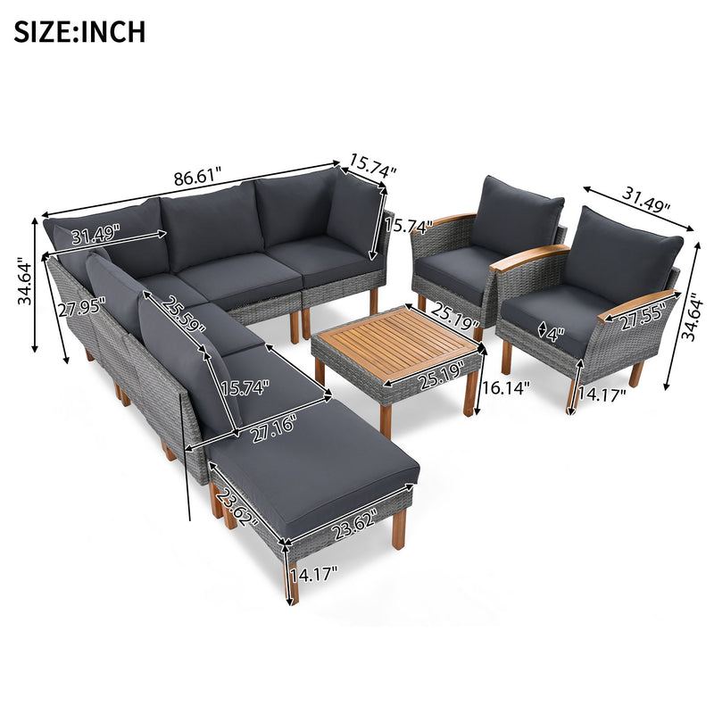 9 Piece Patio Rattan Furniture Set, Outdoor Conversation Set With Acacia Wood Legs And Tabletop, PE Rattan Sectional Sofa Set With Coffee Table, Washable Cushion