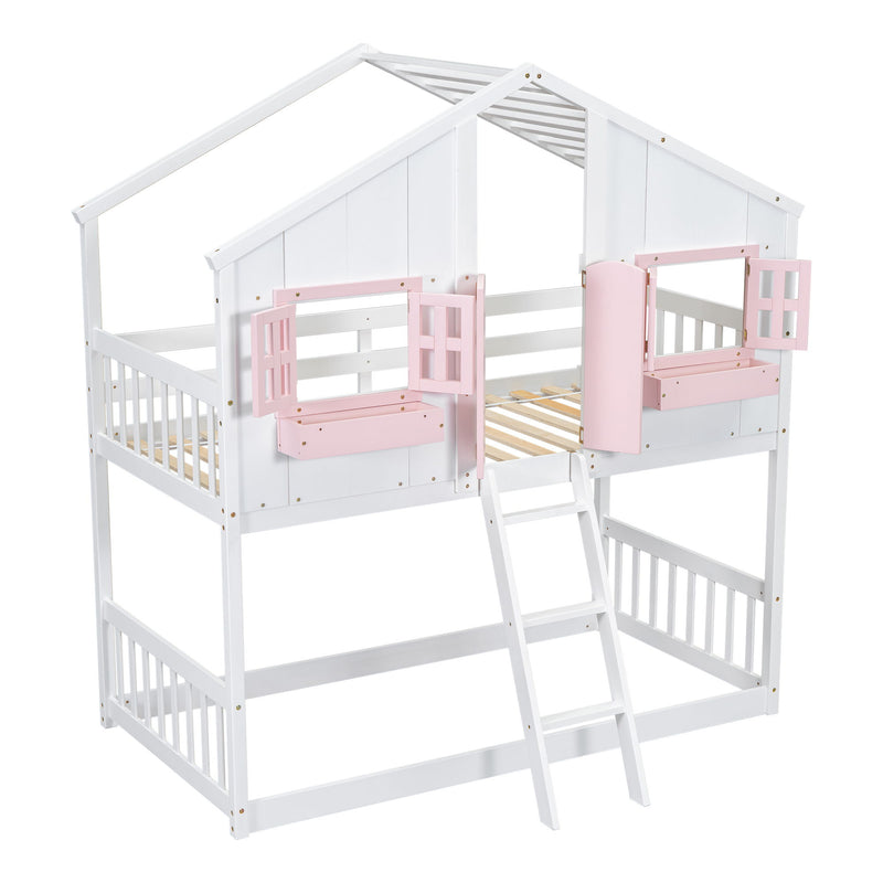 House Bunk Bed With Roof, Window, Window Box, Door, With Safety Guardrails And Ladder