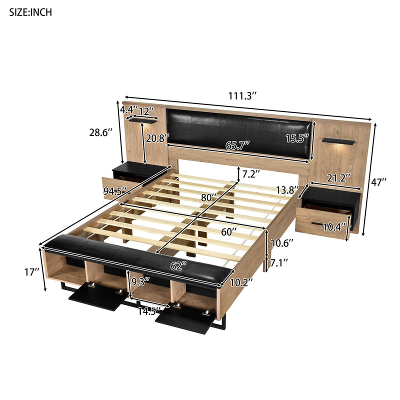 Queen Size Wood Platform Bed with Upholstered Headboard, Lights and Storage Nightstand, Bench, Walnut