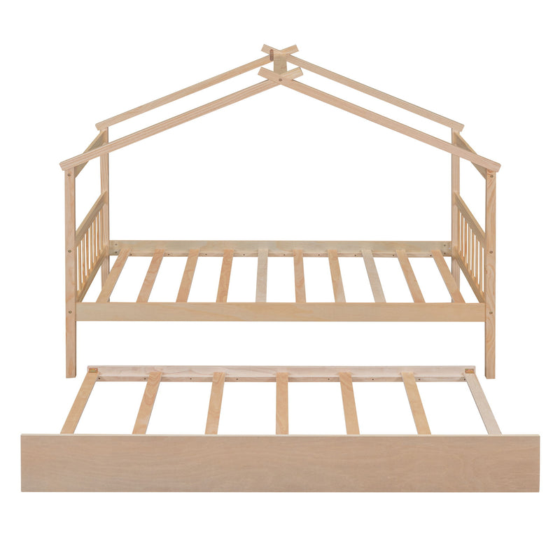 Wooden House Bed With Twin Size Trundle