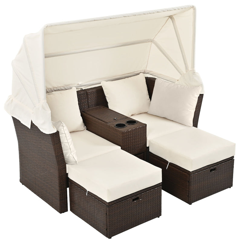 2 Seater Outdoor Patio Daybed Outdoor Double Daybed Outdoor Loveseat Sofa Set With Foldable Awning And Cushions For Garden, Balcony, Poolside