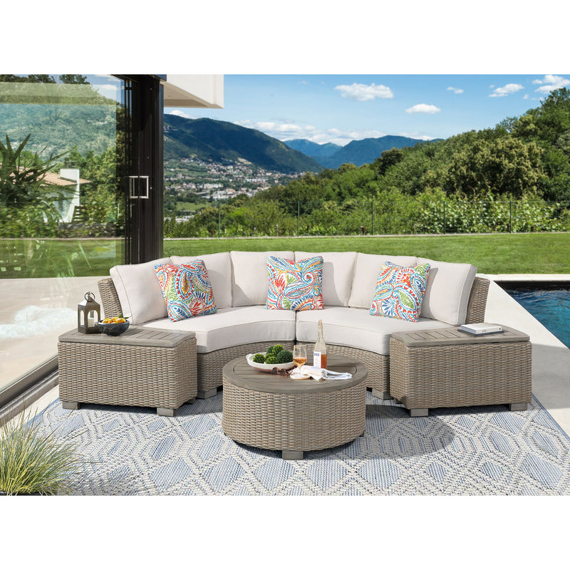 Ollie - Curved Loveseat With 3 Multi Color Pillows - Tan And Olefin White Cream