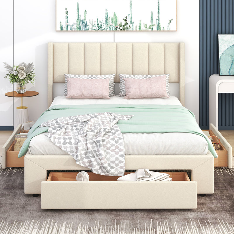 Queen Size Upholstered Platform Bed with One Large Drawer in the Footboard and Drawer on Each Side,Beige