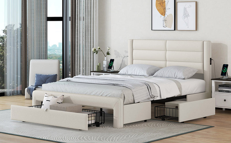 Queen Size Bed Frame with Drawers Storage, Leather Upholstered Platform Bed with Charging Station,Beige