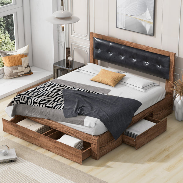 Queen Size Wood Platform Bed with Upholstered Headboard and 4 Drawers